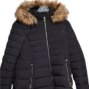 Laundry By Shelli Segal Black Puffer Coat with Faux Fur Trim